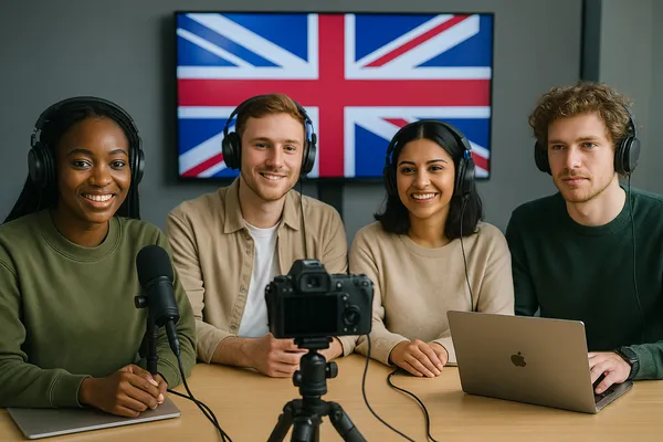 UK YouTube creators recording content in a modern studio with cameras, microphones, and laptops, symbolizing their £2.2bn contribution to the UK economy in 2024.