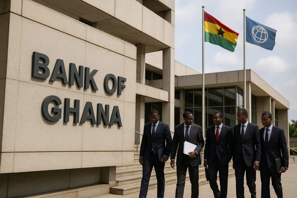 World Bank Ghana $360M disbursement shown at Bank of Ghana headquarters with officials walking outside the building under national and World Bank flags.