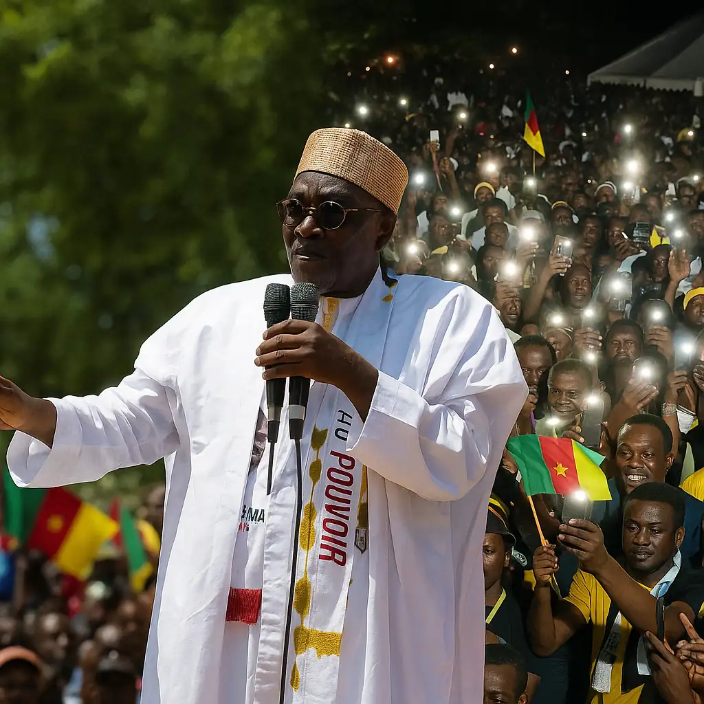 Cameroon Election Tchiroma Victory rally showing Issa Tchiroma Bakary addressing a massive crowd in Garoua, Cameroon, during his self-declared post-election speech.