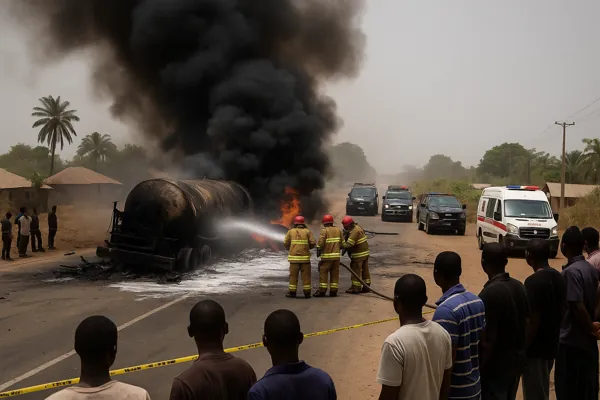 Nigeria Fuel Tanker Explosion aftermath showing firefighters extinguishing burning tanker on a rural highway in Niger State.