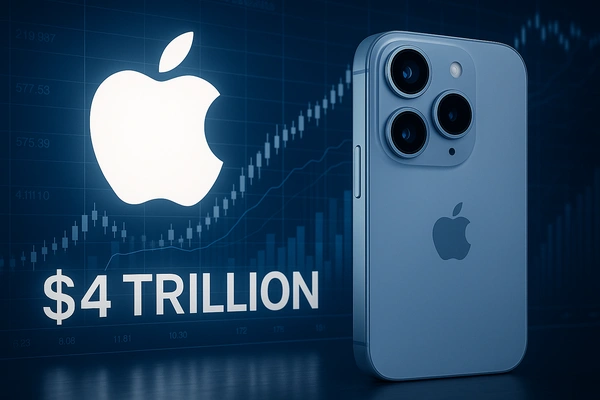 Apple $4 Trillion Valuation milestone visualized with glowing Apple logo and iPhone 17 against rising stock market chart.