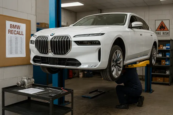 BMW Recall workshop scene with mechanic repairing sedan on hydraulic lift