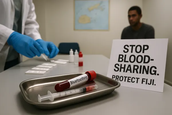 Fiji HIV crisis blood-sharing warning in health clinic with syringe and test kits