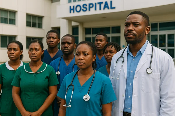 Ghana Health Workforce Crisis showing Ghanaian nurses and doctors in front of a hospital symbolizing national healthcare employment challenges.