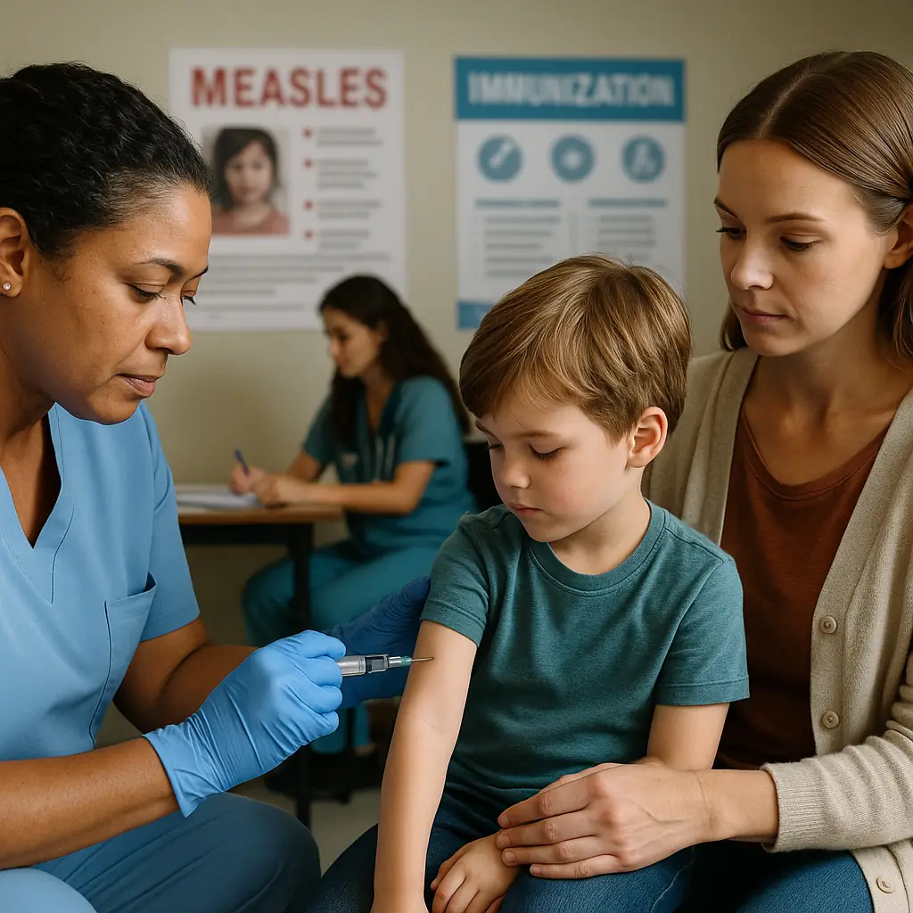 Measles outbreaks across US – healthcare worker administering an MMR vaccine to a young child as the parent watches attentively during a national vaccination campaign.