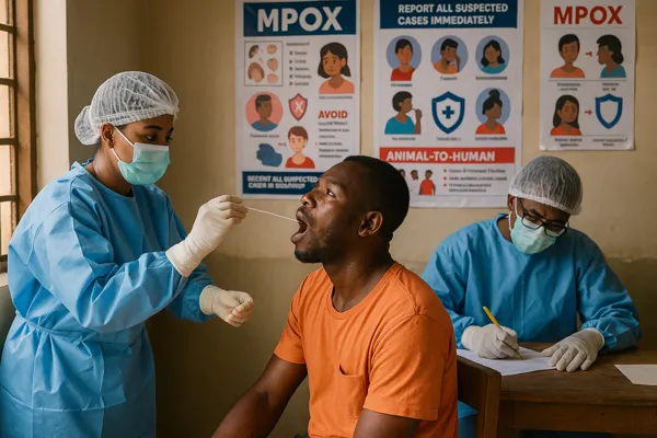 Mpox cases in Ghana – Health officers in protective gear conduct testing on a patient at an Accra clinic during the 2025 outbreak.