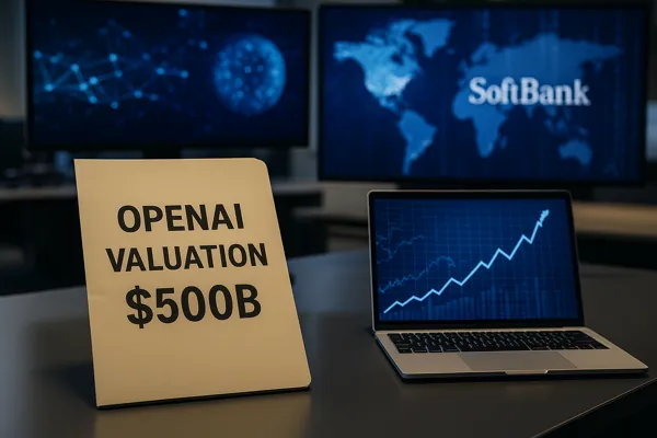 OpenAI valuation $500B milestone illustrated with financial charts and SoftBank monitors in a newsroom setting