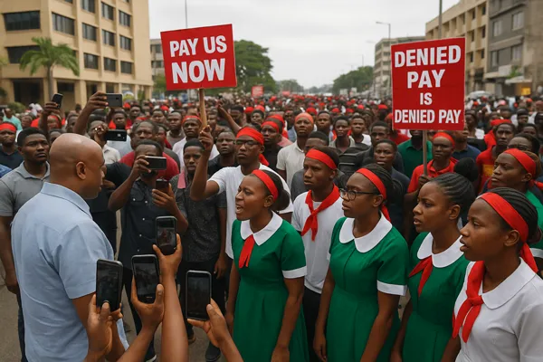 Unpaid nurses protest in Accra over 10-month salary arrears, with nurses and midwives marching and holding placards demanding urgent pay.