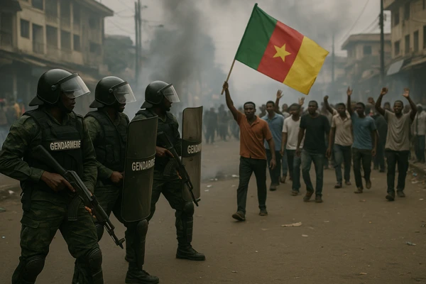 Cameroon Election Protests – soldiers in riot gear confront unarmed demonstrators waving the national flag amid smoke in Douala streets
