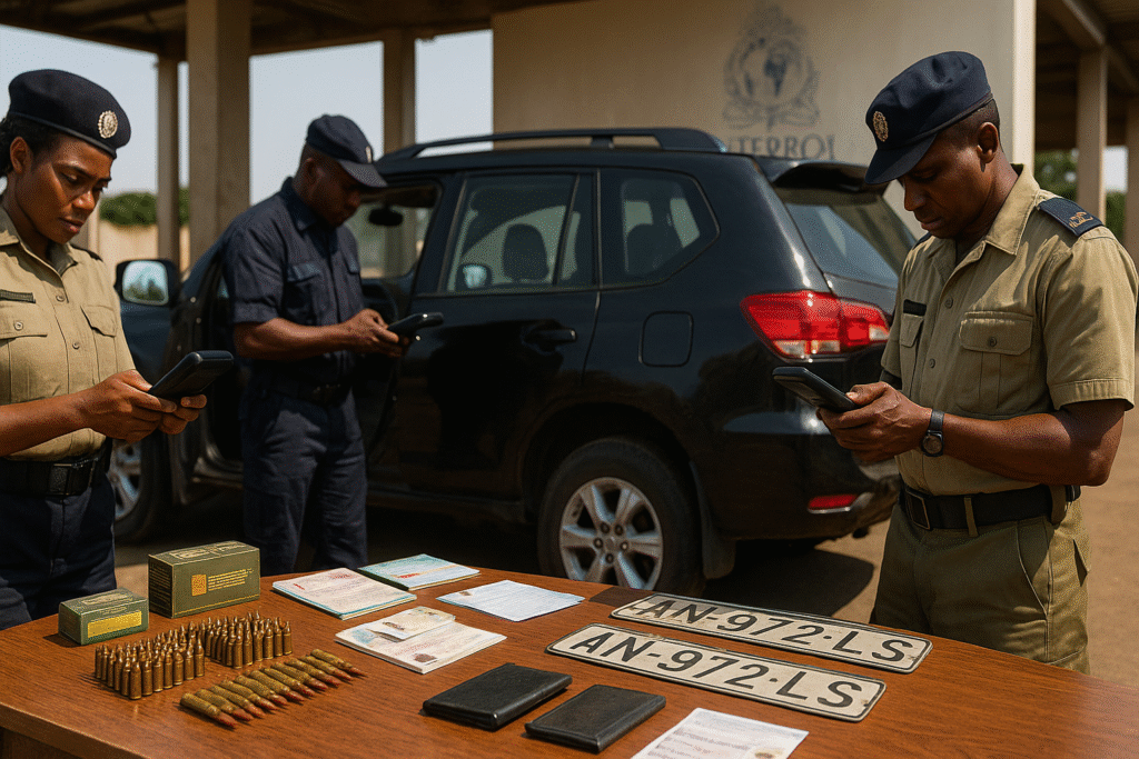 West Africa Interpol Raid border officers inspect vehicles and seized items