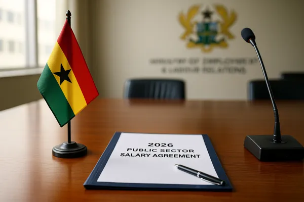 Ghana Pay Rise agreement documents displayed on a conference table in Accra’s Ministry of Employment and Labour Relations.