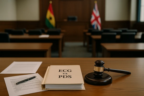 PDS loses $390m claim arbitration courtroom in London showing ECG vs PDS legal file, gavel, and Ghana-UK flags symbolizing justice and governance.
