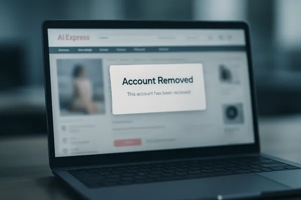 AliExpress sex doll ban shown on a blurred e-commerce screen with an account removed notice on a laptop