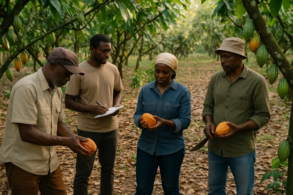 Cocoa reforms Ghana Ivory Coast farmers inspecting harvested cocoa pods during a field assessment on an agroforestry farm.