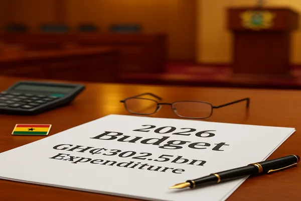 2026 Ghana Budget documents on a parliamentary desk showing GH¢302.5bn expenditure with pen, calculator, and Ghana flag pin