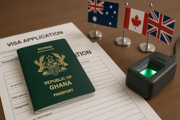 Ghana Visa Fraud Campaign: Close-up of a Ghanaian passport, visa application forms, biometric fingerprint scanner, and flags of Australia, Canada, and the UK on a desk.