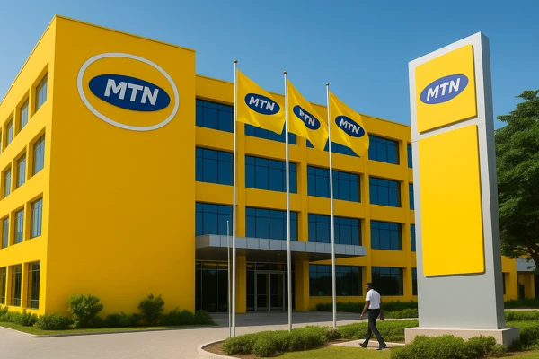 MTN Ghana Tax Contribution,MTN yellow branding, glass facade, and Ghana flag symbolizing corporate growth and fiscal responsibility.