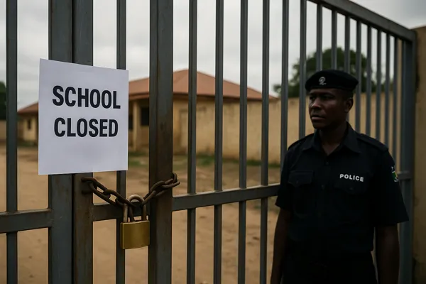 Nigeria Closes Unity Colleges as a locked school gate with a “School Closed” notice is guarded by a Nigerian police officer amid rising security threats.