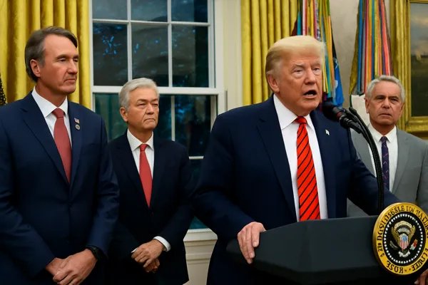 Trump Threatens Nigeria as the former U.S. president speaks at the Oval Office podium alongside top officials.