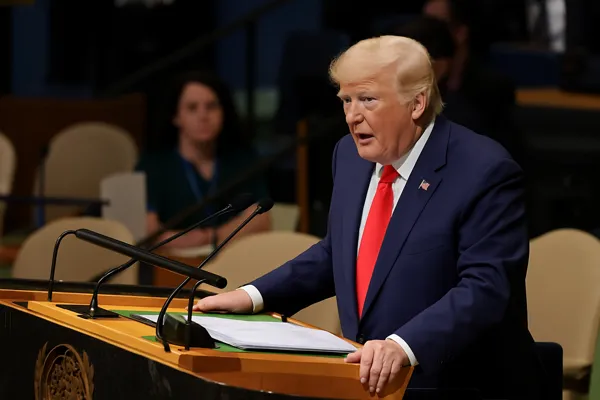 Trump migration halt depicted as Donald Trump delivers remarks at a formal podium during a major policy address.