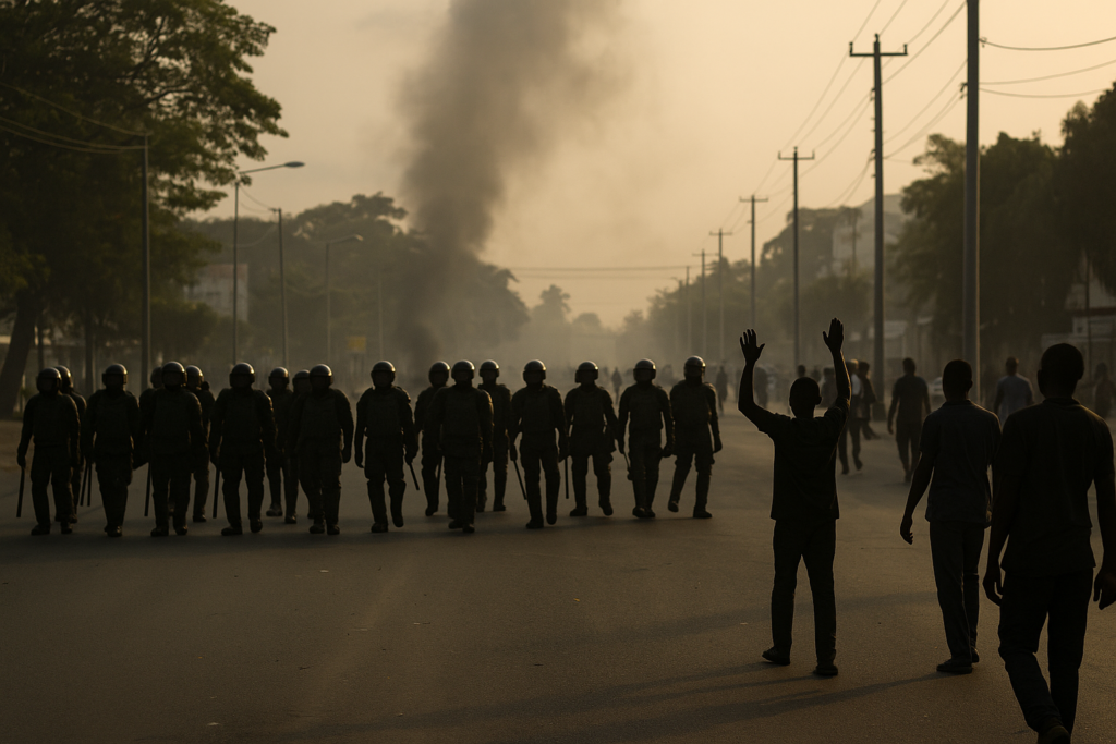 Tanzania Election Protest Killings scene showing riot police advancing toward unarmed protesters on a smoky street in Dar es Salaam during post-election unrest.