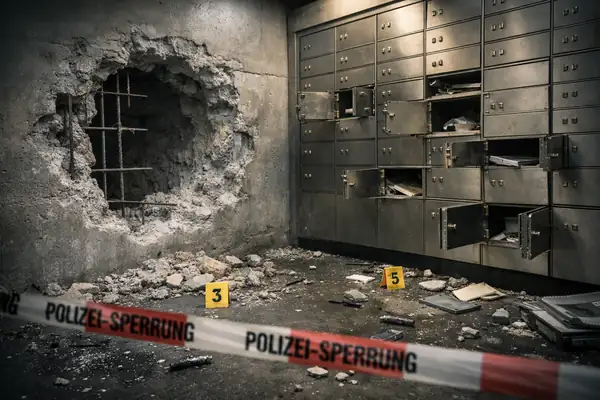 German bank vault heist aftermath showing drilled concrete wall and forced-open safe deposit boxes during police investigation