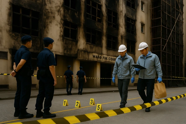 Hong Kong Fire Investigation showing heavily burnt Wang Fuk Court exterior with police officers and fire investigators examining evidence markers at the scene.