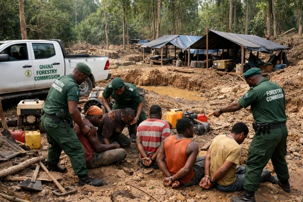 Illegal mining arrests in Ghana at Apamprama Forest Reserve