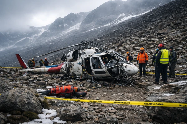 Kilimanjaro helicopter crash scene showing a wrecked rescue helicopter surrounded by emergency responders on a rocky mountainside near Mount Kilimanjaro.