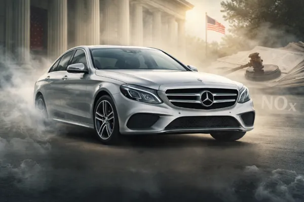 Mercedes Diesel Settlement image showing a Mercedes-Benz BlueTEC sedan in front of a courthouse with light emissions smoke, legal documents, and a gavel symbolizing the 2025 diesel emissions settlement case.