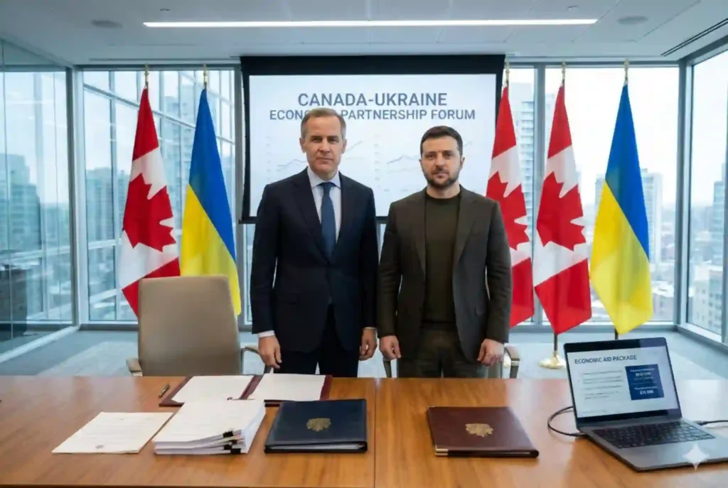 Canada Ukraine economic aid shown as Canadian Prime Minister Mark Carney and Ukrainian President Volodymyr Zelenskyy meet during a high-level diplomatic discussion on financial support.