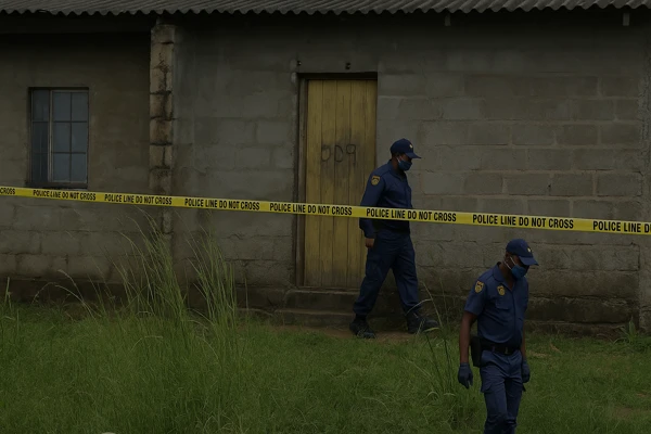 South African Bar Attack police officers securing crime scene outside hostel bar in Pretoria