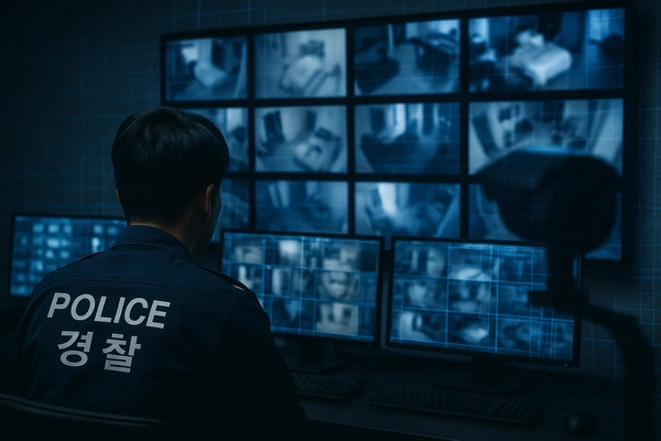 South Korea Camera Hack investigation showing cybercrime police reviewing blurred IP camera feeds in a digital forensics room