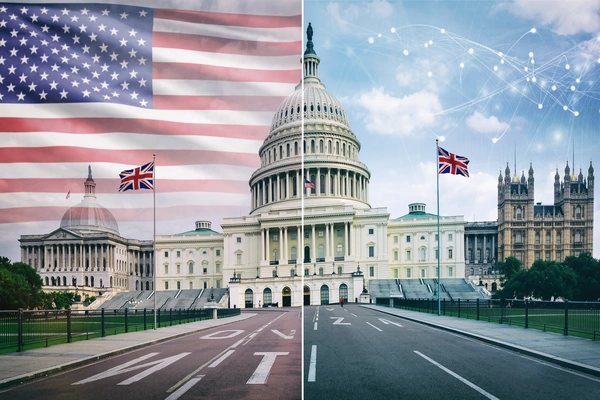 Technology Prosperity Deal suspension illustrated by the US Capitol and UK Parliament facing each other with broken digital data connections and US-UK flags.