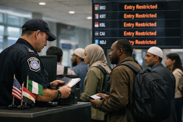 US Travel Ban Expansion shown at a US airport immigration checkpoint as a border officer reviews passports amid entry restrictions.