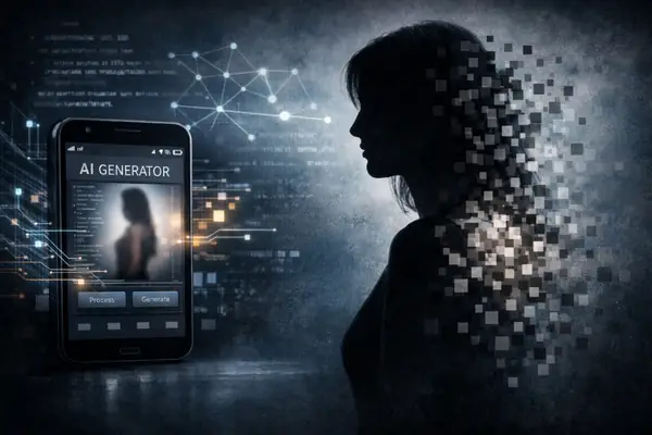 AI nudification abuse illustrated through a digital silhouette of a woman dissolving into pixels beside an AI image generator on a smartphone