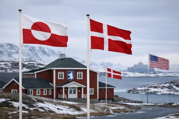 Greenland annexation debate as Greenland and Danish flags fly outside a government building in Nuuk amid renewed U.S. remarks