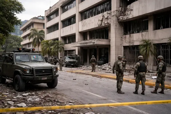Maduro security team killed after U.S. military operation in a secured area near Caracas, showing damaged government buildings and Venezuelan security forces on site