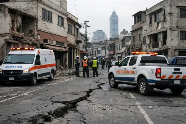 Mexico earthquake aftermath showing cracked roads, damaged buildings, and emergency response vehicles in a residential area of Mexico City following a 6.5-magnitude quake.