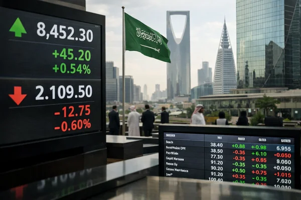 Saudi Arabia financial market opening illustrated by digital stock displays at the Tadawul exchange in Riyadh, with the Saudi flag and modern financial district in the background.