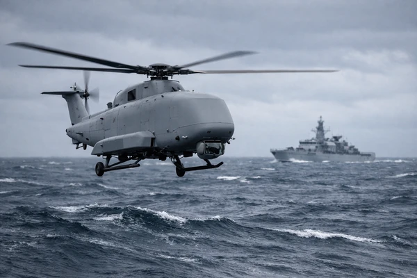 UK crewless helicopter Proteus flying over the North Atlantic during Royal Navy testing