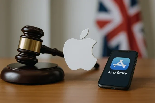 Apple App Store Lawsuit UK Court Ruling Image Apple App Store Lawsuit UK ruling shows gavel, Apple logo, and smartphone symbolizing court verdict over unfair App Store commissions