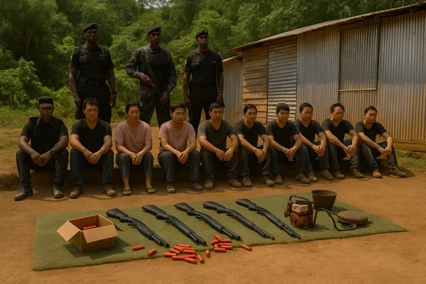 Chinese Illegal Miners Arrested in Mankranso Operation — Weapons and Mining Tools Seized Chinese Illegal Miners Arrested in Mankranso as Ghanaian security officers display confiscated firearms, cartridges, and mining tools after a major anti-galamsey raid