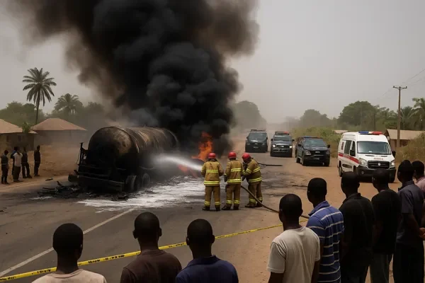 Nigeria Fuel Tanker Explosion Aftermath in Niger State Nigeria Fuel Tanker Explosion aftermath showing firefighters extinguishing burning tanker on a rural highway in Niger State.