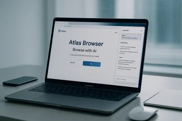 OpenAI Atlas Browser Launch – AI Redefines Web Browsing OpenAI Atlas Browser showing ChatGPT sidebar on laptop screen