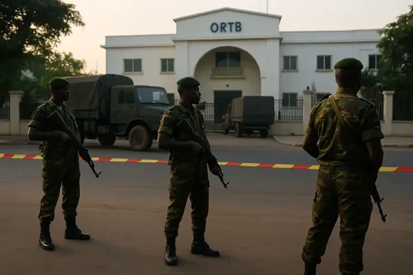 Benin Coup Attempt soldiers securing ORTB broadcaster after failed mutiny