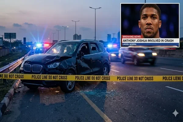 Anthony Joshua accident scene showing a heavily damaged SUV on a Nigerian highway, surrounded by police tape and flashing emergency lights, with an inset of Anthony Joshua on breaking news.