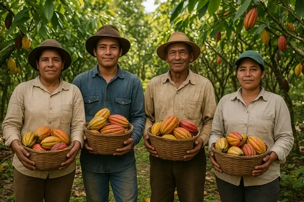 Ecuador Cocoa Grower opening a ripe cocoa pod on a farm with trucks loading sacks in the background.