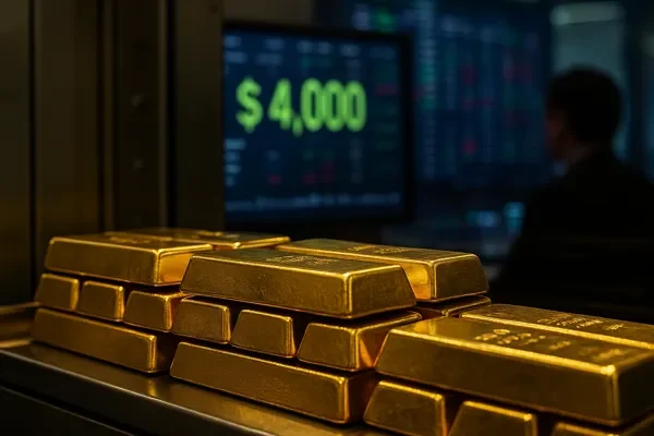 Gold Hits $4,000 Historic Price Surge in Global Markets Gold hits $4,000 milestone with stacked bars and trading screen