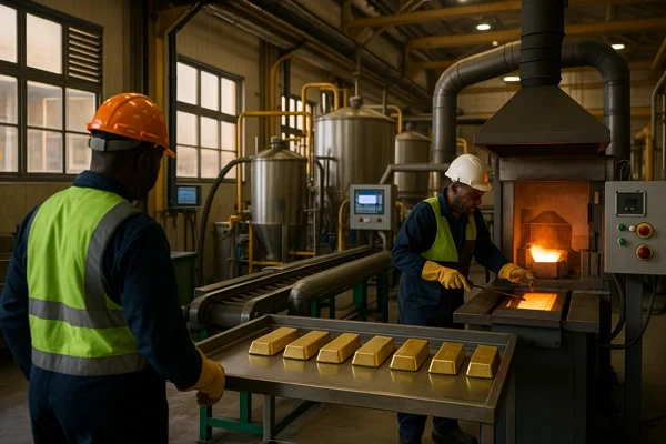 Small-Scale Gold Exports Ghana Processing Factory 2025 Small-Scale Gold Exports Ghana – workers refine gold bars at a modern processing factory under GoldBod supervision in 2025.